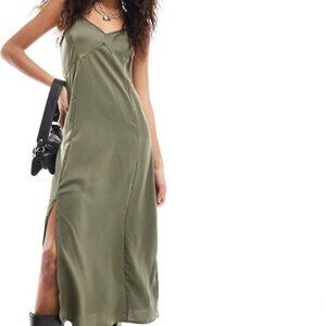 French Connection satin midi slip dress in khaki NWT